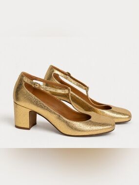 Sezane Metallic Gold T-Strap Block Heels
